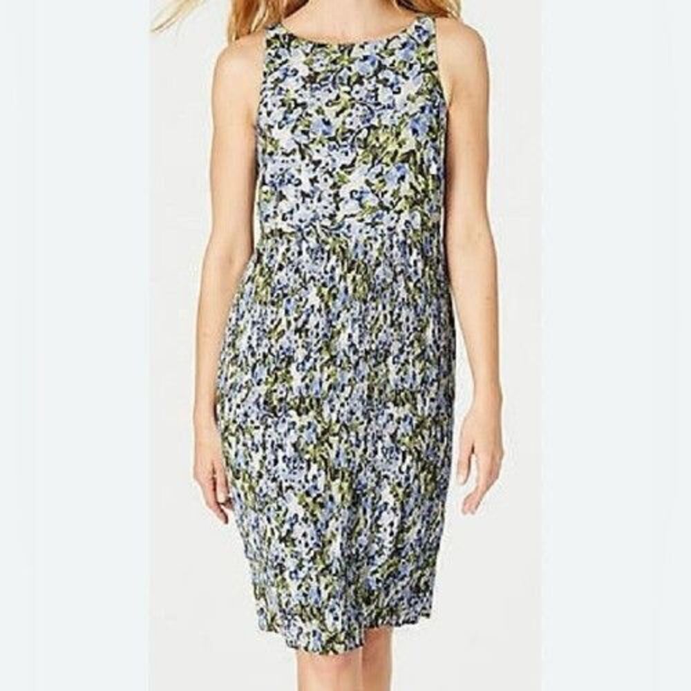 J.Jill Women's Small Blue Green Floral Sleeveless Pleated Dress Lightweight